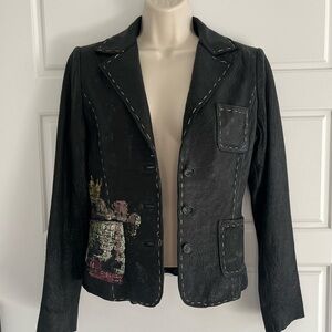 RAW 7 Black Pebbled Leather Painted Distressed Jacket Womens size S Biker Boho